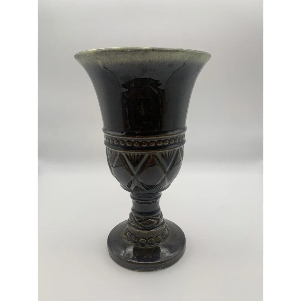Vintage Mid-Century Hull Pottery 10" drip glaze pedestal vase F30 green